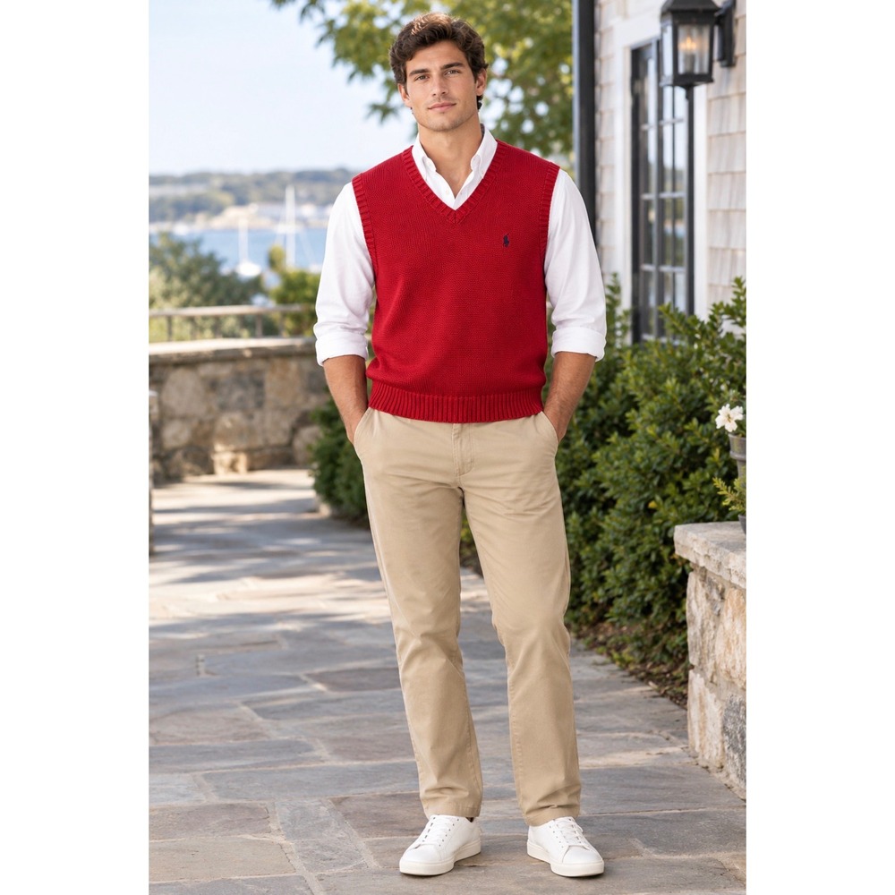 Polo Ralph Lauren Mens V-Neck Cotton Knit Sweater Vest Red Navy Pony Size M